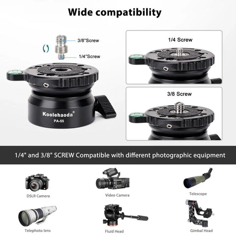 Aluminum Leveling Base With 62mm Half Ball Platform For Camera Tripod Head, shown with 1/4 and 3/8 inch mount compatibility