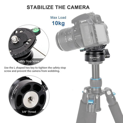 Camera on Aluminum Leveling Base with 62mm Half Ball Platform, shown stabilizing with 3/8" thread and bubble level, max load 10kg.
