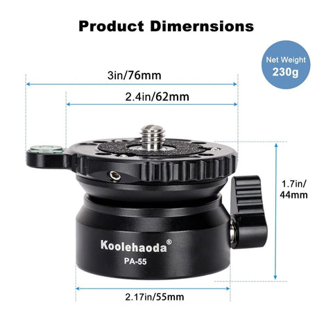 Aluminum Leveling Base With 62mm Half Ball Platform for Camera Tripod Head, shown with dimensions and quick lock knob.