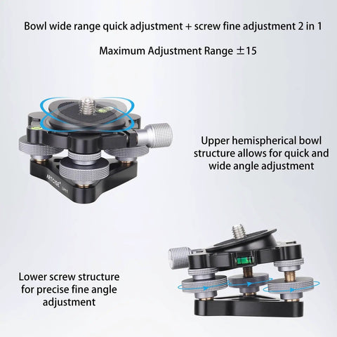 Effortlessly level a camera on uneven ground with this aluminum three legged leveling base, featuring bowl and screw adjustments.