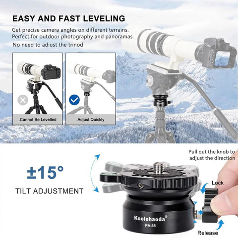 Aluminum Leveling Base With 62mm Half Ball Platform For Camera Tripod Head, showing tilt adjustment and quick lock knob.