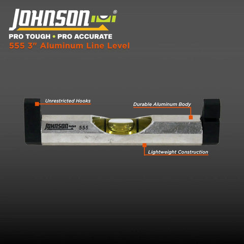 Front view of compact 3 in aluminum line level with hex body delivering precise alignment for masonry, plumbing, and landscaping.