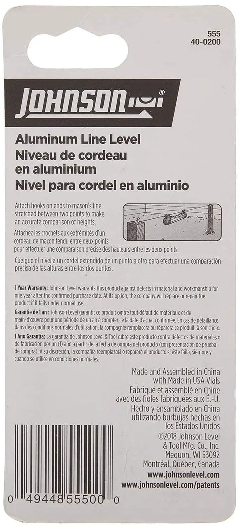Packaging of Compact 3 in aluminum line level with hex body showing instructions and Johnson brand logo.