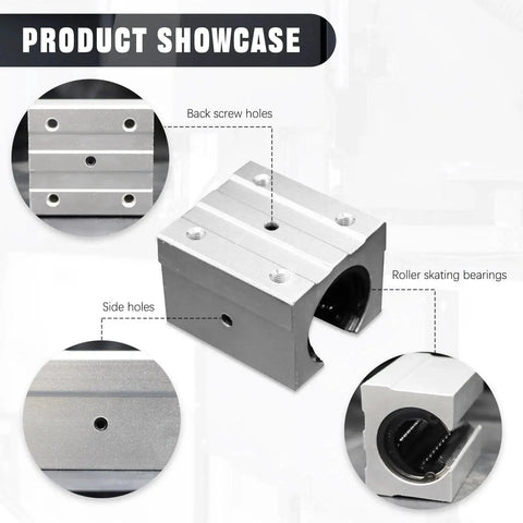 Experience smooth, precise motion with this four piece SBR16UU aluminum linear bearing block set for SBR16 guide rails, showcasing back screw holes, side holes, and roller skating bearings for CNC machines and 3D printers.