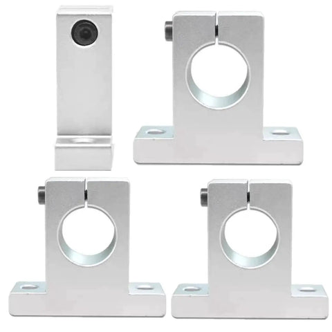 Pack Of 4 SK20 Aluminum Linear Motion Rail Clamping Guides For 20mm Shafts in front and side view showing smooth low friction surface.