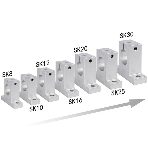 A lineup of SK series aluminum linear motion rod supports, including the Heavy Duty 4 Pack SK10 Aluminum Linear Motion Rod Supports And Rail Shaft Guides.