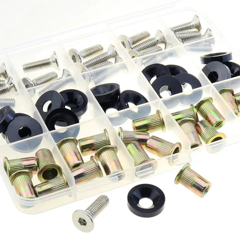 Aluminum M6 Car Spacer Screw Nut Set 60 Pcs Fender Bumper License Plate Frame shows organized components in plastic case
