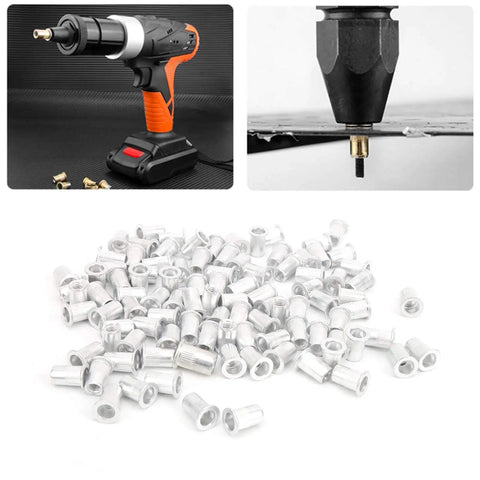 100 Piece Aluminum Flat Head Pull Rivet Nuts Set M6 Thread Size For Automotive, Aviation, Rail, Refrigeration, And Industrial Hardware Projects, Easy Fastening In Metal Plates And Tubing.