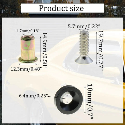 Detailed dimensions of Aluminum M6 Car Spacer Screw Nut Set 60 Pcs Fender Bumper License Plate Frame components.