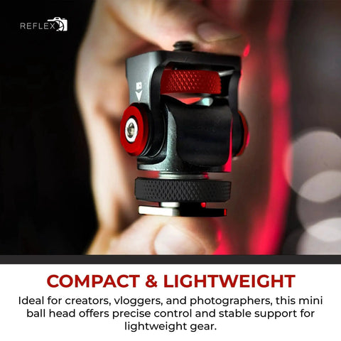 Close-up of Aluminum Mini Ball Head With 360 Degree Rotation for Cameras showing cold shoe mount and compact lightweight design