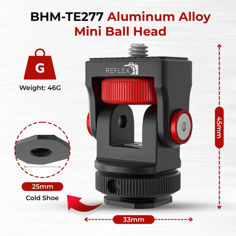 Aluminum Mini Ball Head With 360 Degree Rotation for Cameras, phones, monitors; features cold shoe mount, 25mm size, 46g weight.