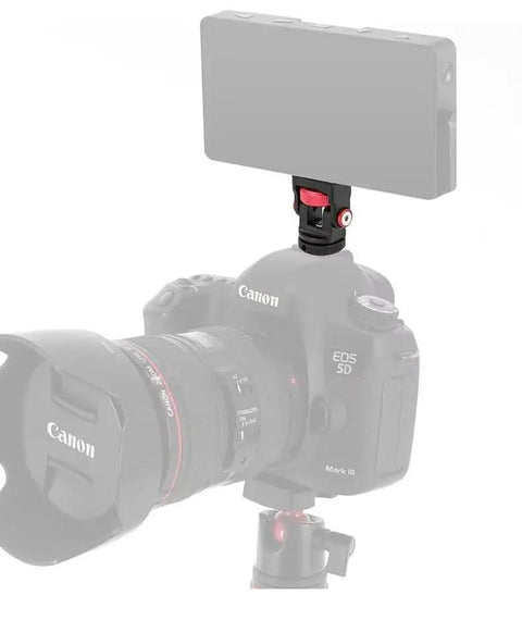 Aluminum Mini Ball Head With 360 Degree Rotation on camera with LED light, showing cold shoe mount and 1/4 inch screw support.