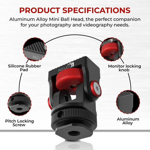Aluminum Mini Ball Head With 360 Degree Rotation for Cameras Phones Monitors LED Lights specifications diagram
