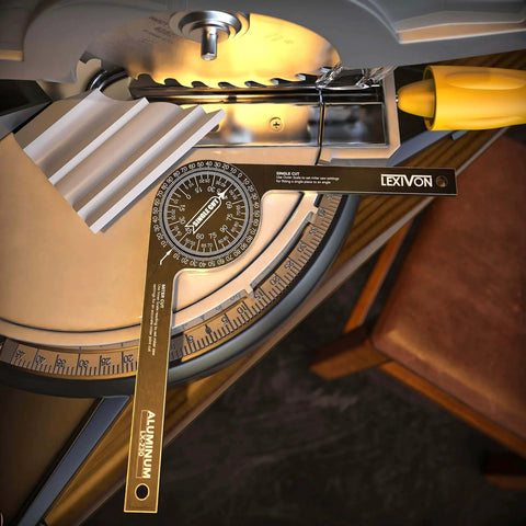 Aluminum Miter Saw Protractor | 7-Inch Rust Proof Angle Finder Featuring Precision Laser Engraved Scales (LX-230) in use with saw