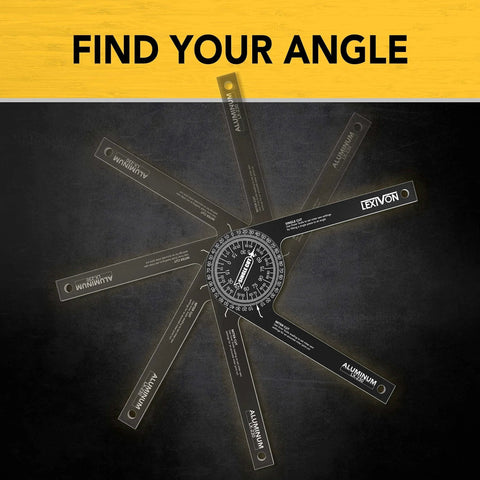 Aluminum Miter Saw Protractor LX-230 on dark background, angle finder with 7-inch laser engraved scales and rust-proof design.
