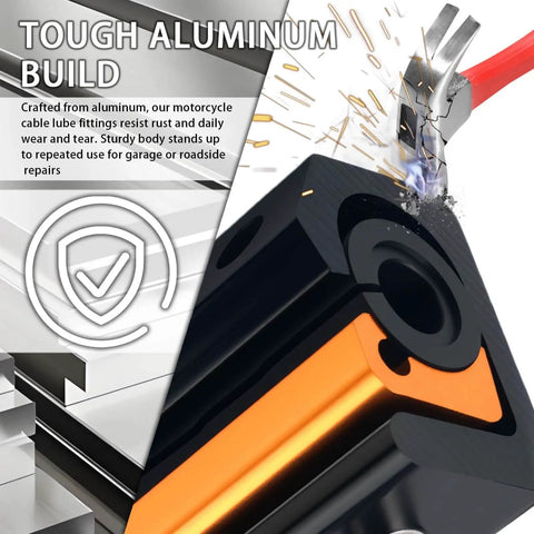 Motorcycle Cable Luber Tool With Dual Opening Design aluminum build, close-up of durable black and gold body.