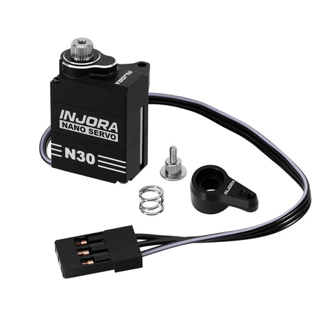 Aluminum N30 Nano Servo with Servo Saver for 1/30 Axial SCX30, featuring CNC aluminum case, metal gears, and spring saver.