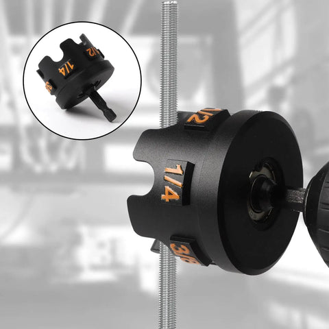 Durable aluminum nut spinning drill attachment quickly tightens and loosens 1/4, 3/8, and 1/2 inch threaded rods with hex shank compatibility