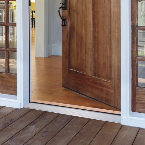 4-9/16 in. x 1-1/8 in. x 36 in. Silver Adjustable Aluminum & Hardwood Threshold Kit installed on exterior wooden door