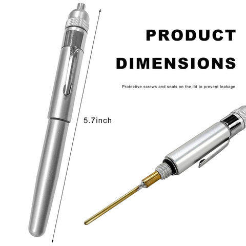 Precision Aluminum Oiling Pen With Solid Needle And Pocket Clip Portable Lubrication Pin Point Applicator dimensions shown