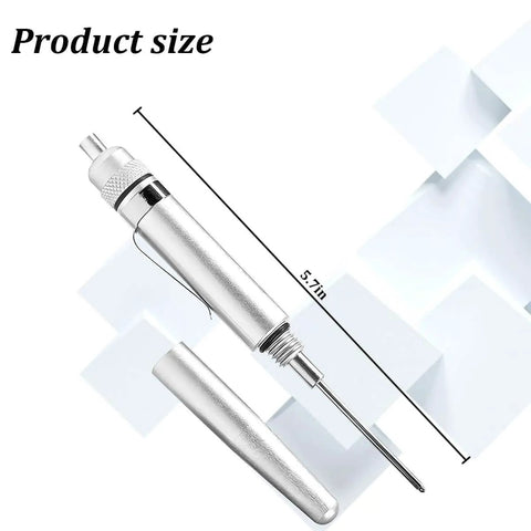 Aluminum Precision Vehicle Oiler Pen With Pinpoint Applicator And Pocket Clip Cover, shown with cap off and product size of 5.7 inches.