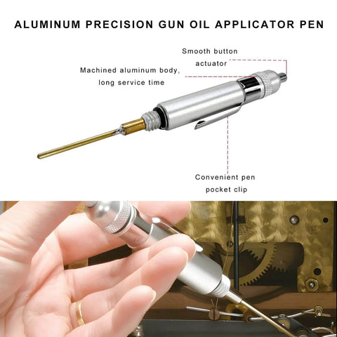 Precision Aluminum Oiling Pen With Solid Needle And Pocket Clip Portable Lubrication Pin Point Applicator shown in use