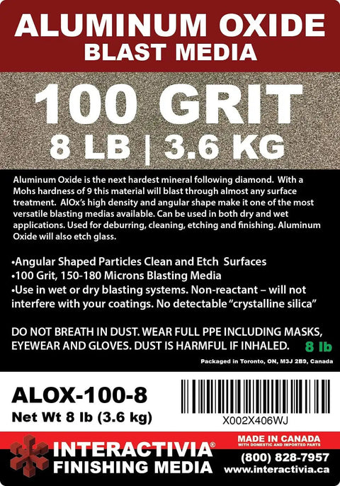 Label of 8 lb 100 grit aluminum oxide blast media bag for dry and wet blasting, detailing applications and safety instructions.