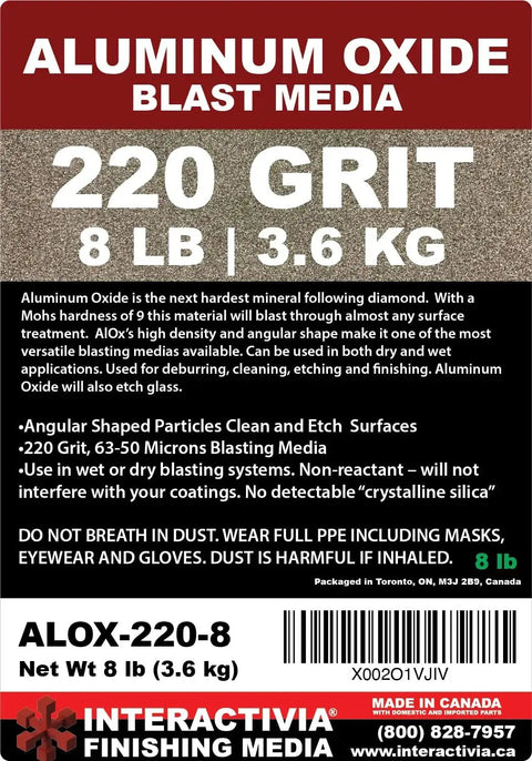 Ultra Fine Aluminum Oxide 8 Lbs blast media label showing 220 grit, package weight, and product details.