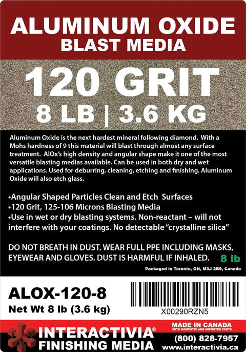 Aluminum Oxide Fine Grit Sand Blasting Media 8 Lb Bag For Cabinets And Handheld Blasting Guns That Cleans And Etches Glass Metal Stone Surfaces With Fast Durable High Density Abrasive Performance, product label showing 120 grit and 8 lb weight.