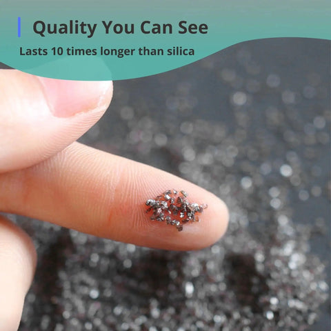 Close-up of 100 Grit Aluminum Oxide Blast Media on fingertip, showcasing grain texture and long-lasting quality