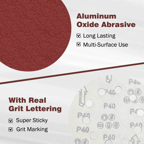 Close-up of 9 Inch Hook And Loop Drywall Discs Set 60 Pieces 10 Holes 40 To 240 Grits highlighting aluminum oxide abrasive and grit marking.
