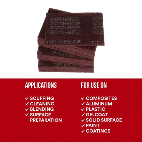 Stack of General Purpose Very Fine Aluminum Oxide Hand Pads for Scuffing and Cleaning 6x9 with application details