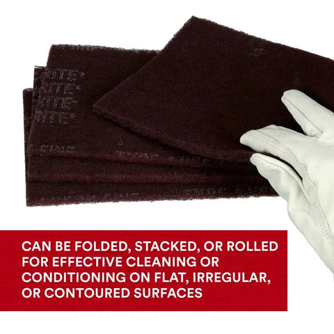 Stacked General Purpose Very Fine Grade Hand Pad 6 by 9 Aluminum Oxide Pack of 20 Maroon with glove.