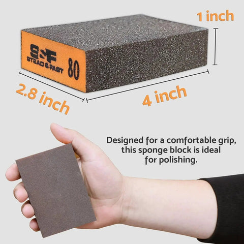 Close-up of Four Pcs Aluminum Oxide Sanding Blocks Grit 60 80 120 220 for Wood Metal Drywall, showing dimensions and hand grip.
