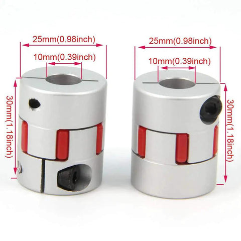 Two aluminum plum shaped flexible shaft couplings 10mm to 10mm for 3D printer CNC machine and servo stepper motors, 25mm x 30mm, 2 pack.