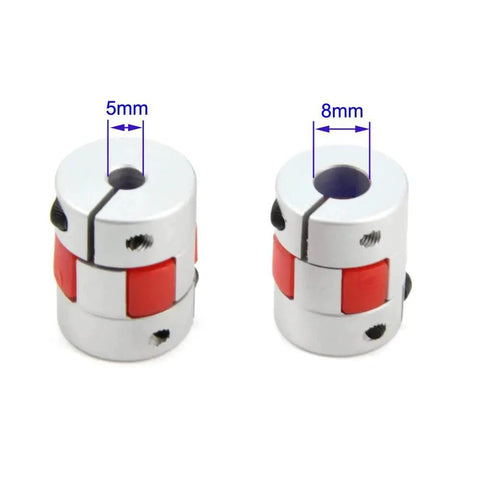 Aluminum Plum Shaped Flexible Shaft Coupling 5mm To 8mm Bore D20xL25 For Servo And Stepper Motors, two pieces with red inserts.