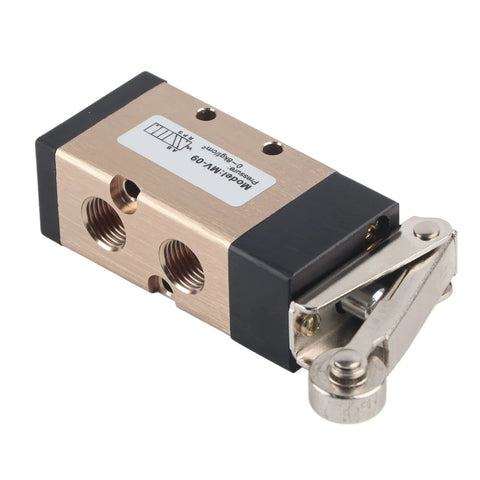 2 Position 5 Way Pneumatic Hand Pull Valve Roller Type Pneumatic Mechanical Valve 1/4" PT Port Aluminum Alloy Pneumatic Switch Valve MV-09 Pneumatic Control Reversing Valve with roller lever visible