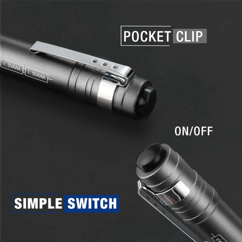 Close-up of Aluminum LED Pen Light 4 Pack With Clip For Inspection And Emergency Use Includes 2AAA Batteries Pocket Sized Flashlight