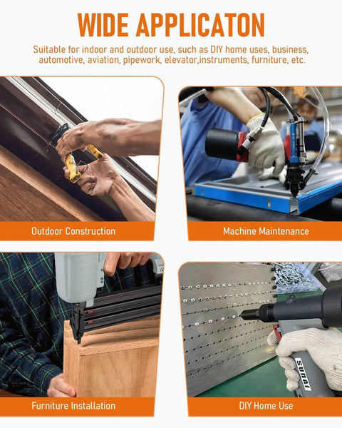 Wide applications for 1000PCS Aluminum Pop Rivets Assortment Kit in construction, maintenance, installation, and DIY home use