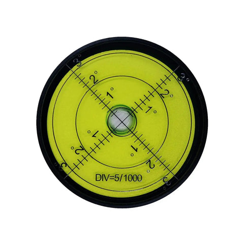 Circular view of durable aluminum high precision horizontal leveler with a 60mm circular vial and tilt sensitivity markings.