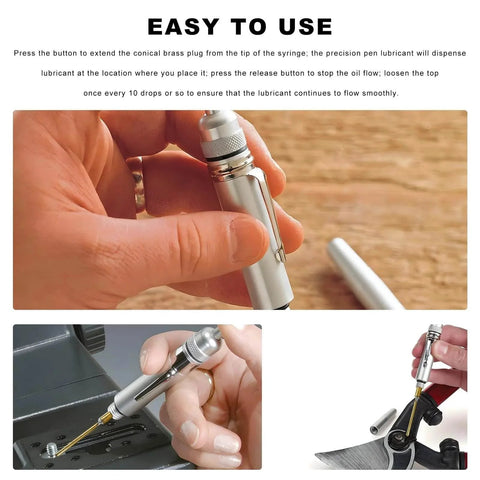 Hand using Precision Aluminum Oiling Pen with Solid Needle and Pocket Clip Portable Lubrication Pin Point Applicator, long nozzle detail