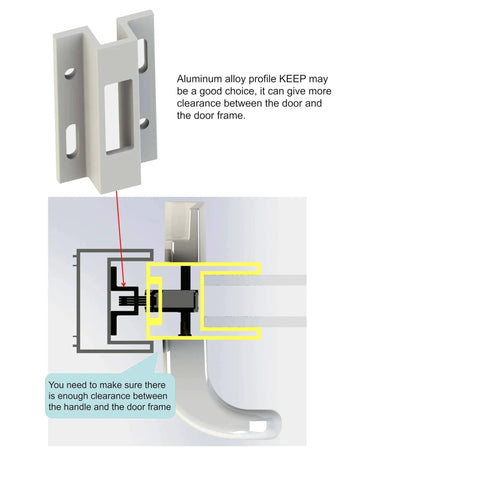 Diagram of White Patio Door Handle Set with Cylinder Lock, showing installation and spacing details for sliding door compatibility.