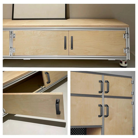 Installed black 4 pack aluminum rectangular industrial pull handles with 90mm hole spacing on wooden enclosure doors showing usage and setup.