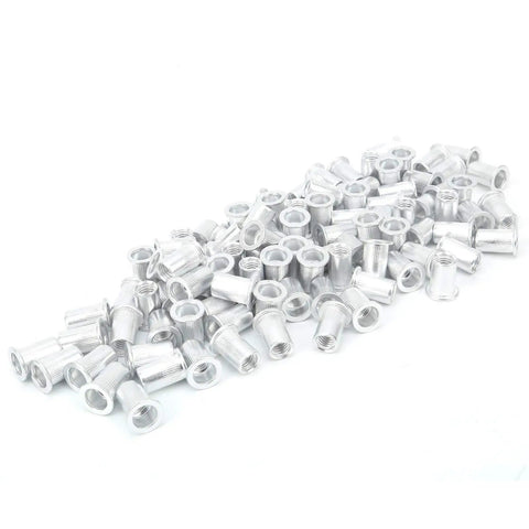 Aluminum Pull Riveting Nuts Set with Flat Head for Vertical Install, 100 Pcs Multi Size M3 M4 M5 M6 M8 M10, piled view.