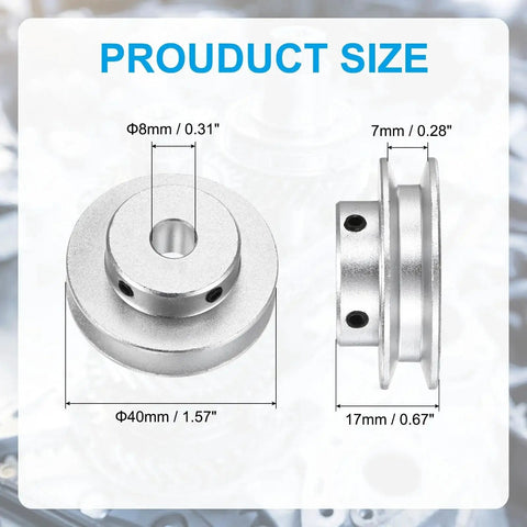 Diagram of fixed-bore aluminum pulley with an 8mm bore and 40mm OD, 7mm groove suitable for 5-6mm PU belts, silver finish.