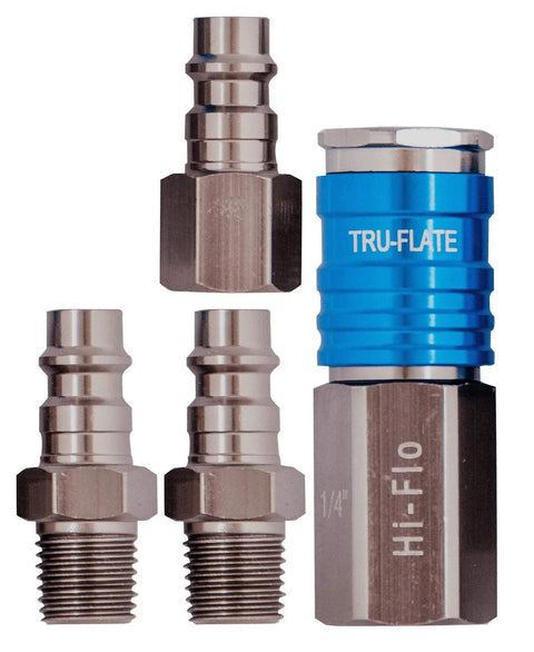 Tru-Flate 4-piece 1/4 NPT aluminum plug/coupler set with blue HI-FLO design