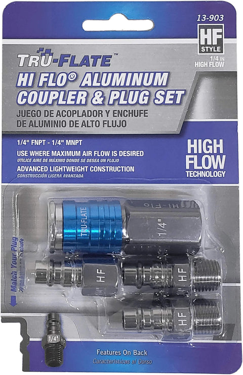 Tru-Flate HI FLO aluminum coupler and plug set; 1/4 FNPT to 1/4 MNPT with blue plug and metal fittings