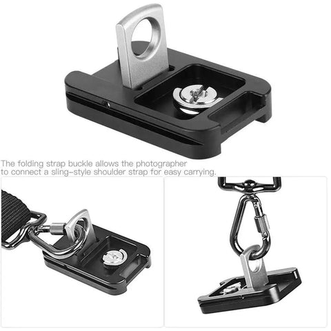Aluminum Alloy QR 60 Quick Release Plate with one quarter inch screw mount, anti slip rubber pads, and strap buckle attachment loop.