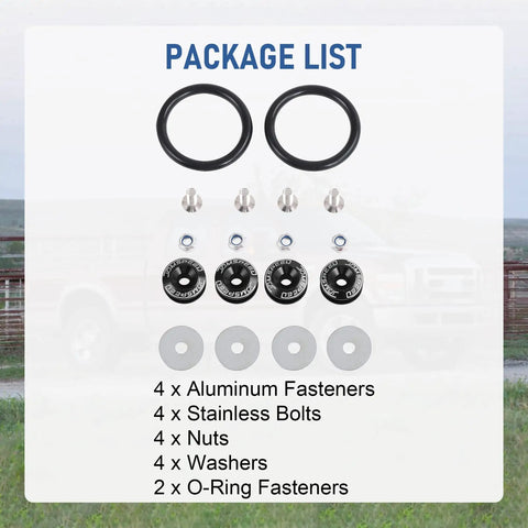 Package list showing Universal Black CNC Billet Aluminum Quick Release Fastener Kit For Bumper Trunk Perfect For Any Ride Or Car