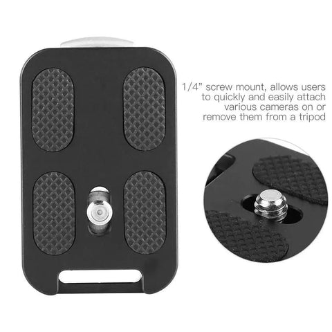 Top view of Aluminum Alloy QR 60 Quick Release Plate with 1/4 inch screw mount, anti-slip rubber pads, for Arca Swiss ball head tripod.
